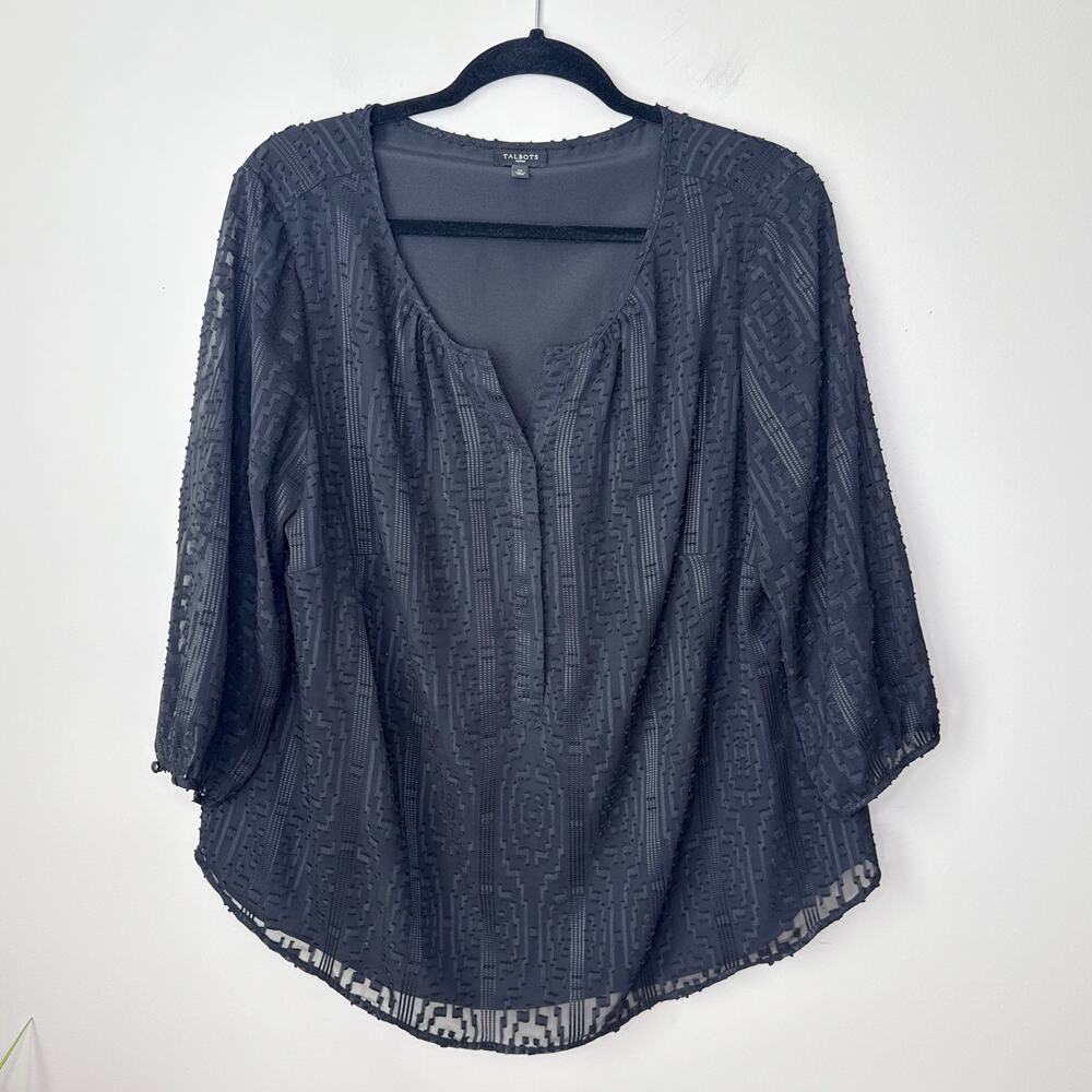 Talbots Woman 1X Swiss Dot Aztec Design Sheer Lined‎ Blouse Black Workwear Chic